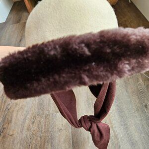 Liz Claiborne Vintage Wool Cloche Hat Faux Fur Trim Scarf Ear Flaps Tan Brown